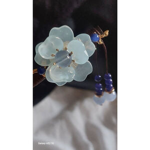 Wooden Blue and Brown Floral tassel Hair Stick